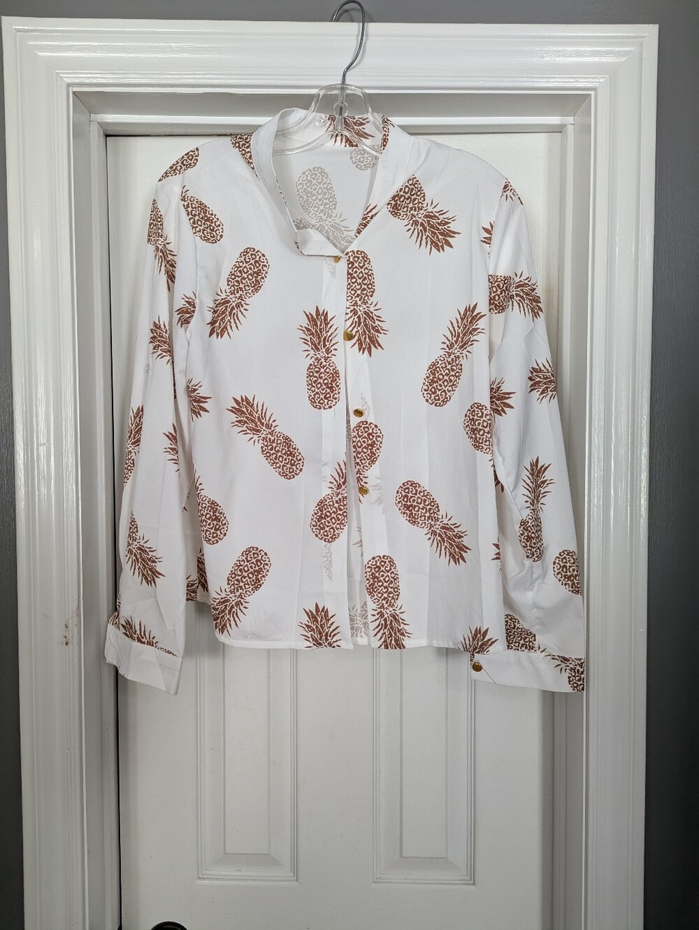 White Button-Up Shirt with Brown Pineapple Print